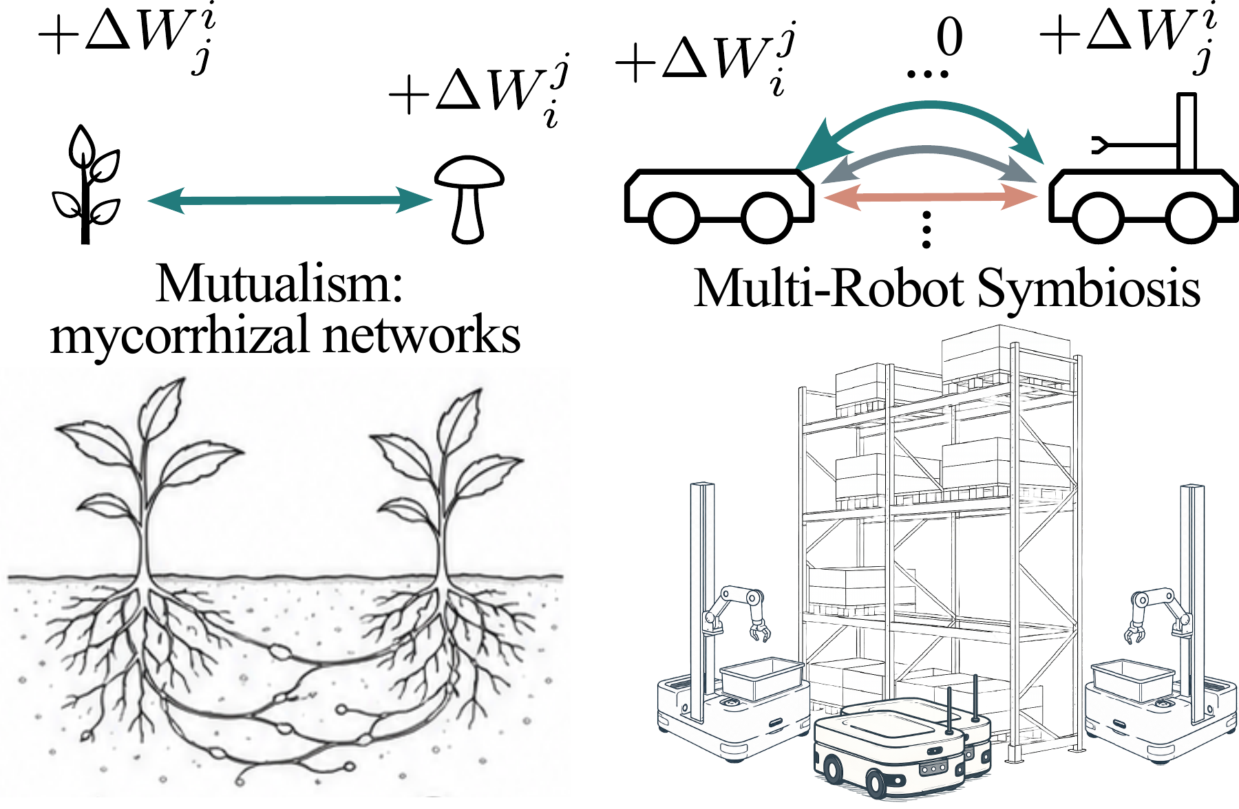 Biological symbiotic relationships inspire relationship-aware cooperation among heterogeneous robots.
